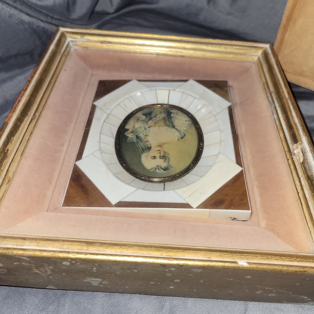 Victorian Portraits Miniature Hand Painted Bakelite Frame Lady Gold Matted Pair - Picture 10 of 11